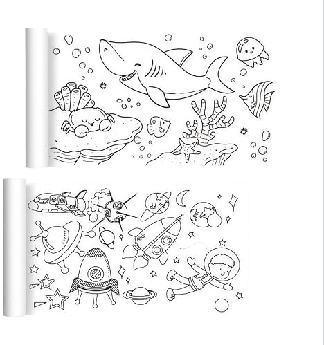 PMELCXD Rouleau de Papier à colorier, 2 Rouleaux thématiques Monde sous‑Marin et Espace, 300 × 30 cm, Facile à découper et à Coller, Papier créatif pour Dessin et décoration