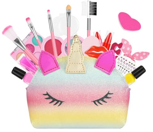 Aomig Maquillage Enfant Jouet Filles, 20Pcs Coffret Princesse Licorne Avec Sacs, Malette Maquillage, Lavable Sûr Non Toxique Maquillage Enfant, Licorne Jouet Cadeau de Anniversaire Joue pour 3+ Ans