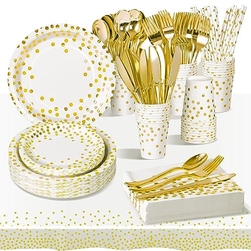 AIPartywar Party Tableware Set, Kids Birthday Party Supplies 226 Piece Whitegold Paper Plates Set Party Plates Cups Napkins Straw Dinnerware for Babyshower Engagement Wedding Birthday- 25 Guest