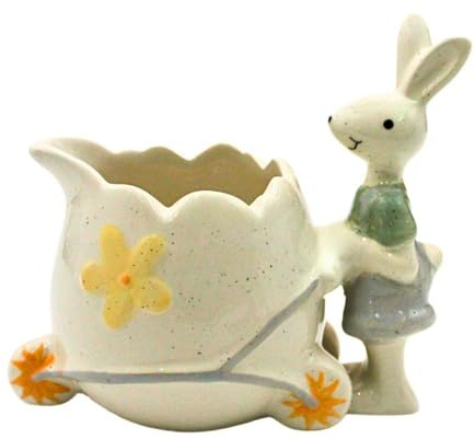Dekohelden24 Keramik Schale - Naschschale - Übertopf mit Hase, in hellgrau, Osternest, Größe L/B/H: ca. 14,5 x 9,2 x 13 cm