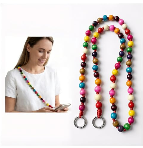 ThaiRoot Buntes Holzperlen Handyband 120 cm – Crossbody Kette zum Umhängen | Stylisches Handy-Accessoire mit 15 mm Holzperlen · Ideal für Schlüssel, Tasche, Reisen, Shopping und Alltag