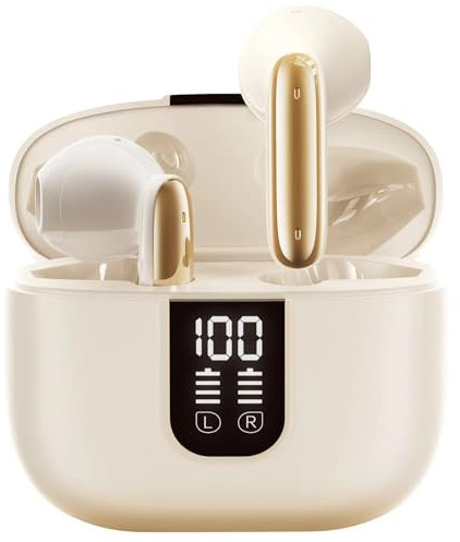 Wireless Earbuds Bluetooth 5.4 In Ear Buds 6 Mic ENC Noise Cancelling Clear Calls, Deep Bass HiFi Stereo Sound Earphones 35H Playtime LED Power Display IPX7 Waterproof Headphones for Android iOS Beige