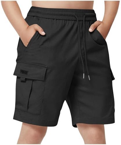 duxyoz Cargo-Shorts für Jungen, mit Kordelzug, leicht, Sommer-Shorts mit Taschen, lockere Passform, lässige Sweatshorts, Outdoor-Jogginghose, Bermuda, kurz, gerades Bein, Laufen, Wandern, 5–15 Jahre