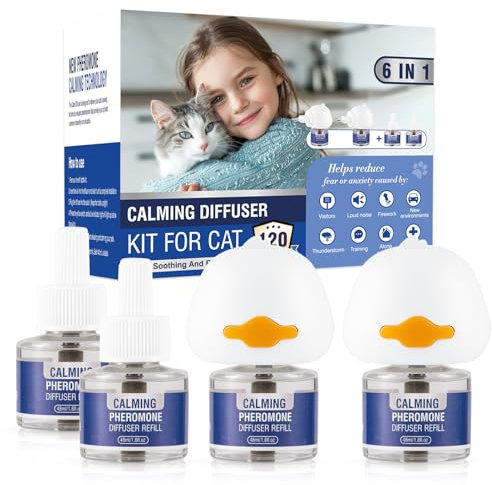 Pheromone Katzen Beruhigung Steckdose 6 In 1 FüR Cat Calming Diffuser Beruhigendes Diffusor-Set Katze Anti Stress Duftstecker Geschmacklos(2 StöPsel + 4 NachfüLlpackungen à 48 Ml)