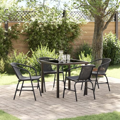 Qnhdfrt Garten Esstisch Set Schwarz 5-teilig Poly-Rattan Outdoor mit 4 Stühlen Rechteckig für Terrasse Balkon Garten