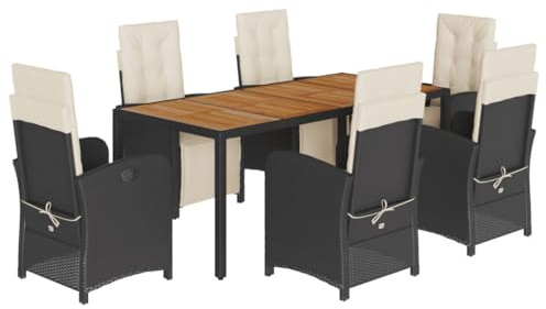 vidaXL Garden Dining Set 7 Piece with Cushions, Table and Chairs for Patio, Outdoor Dining Set with Coffee Table, Modern Style, Black Poly Rattan