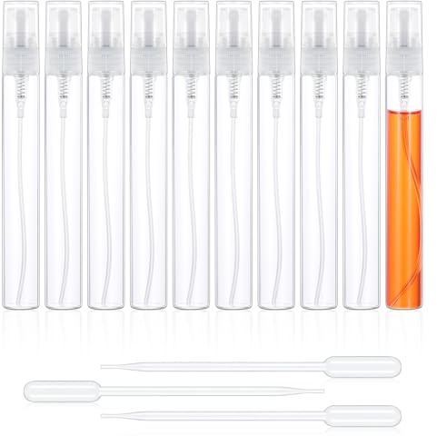 10 Pack Mini Spray Bottles, 10ml Refillable Perfume Atomizer With 3 Transfer Pipettes, Plastic Portable Travel Bottle, Fine Mist Travel Essential Oil Containers, Glass Sample Bottles (Clear)