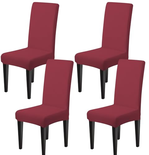 Dioxide Stretch Stuhlbezüge,Hussen für Stühle, Stuhlhussen 4er Set,Bordeaux | Dehnbar, Rutschfest, Pillingbeständig, Atmungsaktiv und Strapazierfähig, Bänder Elastisch, Abnehmbar und Maschinenwaschbar