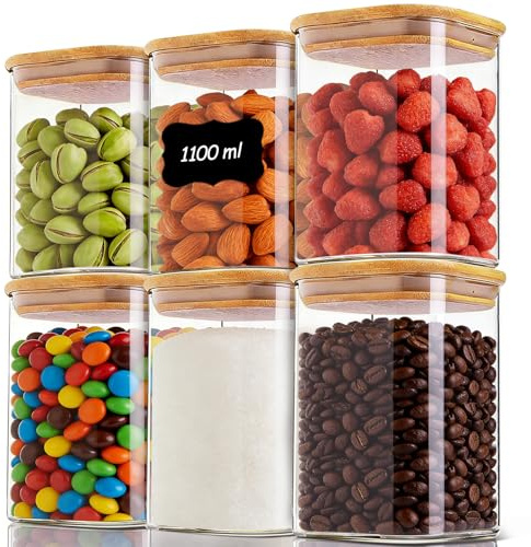 ComSaf Bocaux en verre avec couvercles 1,1 L, lot de 6 pour la cuisine | Rangement cuisine, Couvercles en bambou, Haricots rouges, Biscuits en bâtonnets, Pignons de pin, Verre borosilicaté