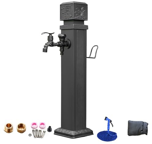 Quadratische unabhängige Garten-Wassersäule, 114 cm, frostsicherer Brunnen mit zwei Wasserhähnen und Haken, ideal für Gärten und Landschaftsbau im Freien