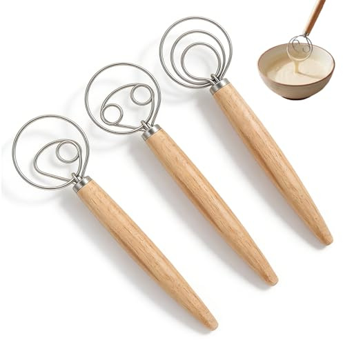 Ztolbriy Batidor Manual Danés, 3 Piezas Batidor de Masa de 33.3cm con Mango de Madera, Batidora Manual para Amasar Pan, Batir Huevos y Preparar Masa, Ideal para Hornear y Uso en Cocina