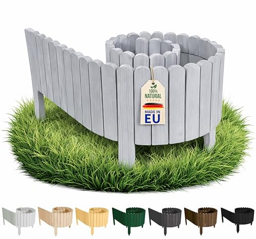 Floranica Wegkante Rollborder Holz 200 x 10 cm Hellgrau – Baumscheibe | Fasst Kiesbeet, Baumscheibe und Gartenweg sauber ein. Vormontiert, 5 Erdspieße, ohne Graben – passt zu grauem Stein