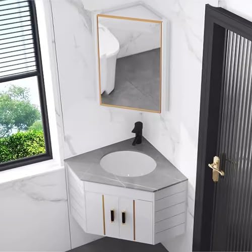 Meuble de salle de bain d'angle mural avec lavabo en céramique et miroir