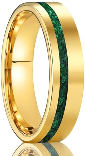 Grewod Modeschmuck Ringe Herren, Wolfram 6mm Gold Grün Malachit Einlage Verlobung Ringe Größe 60 (19.1)