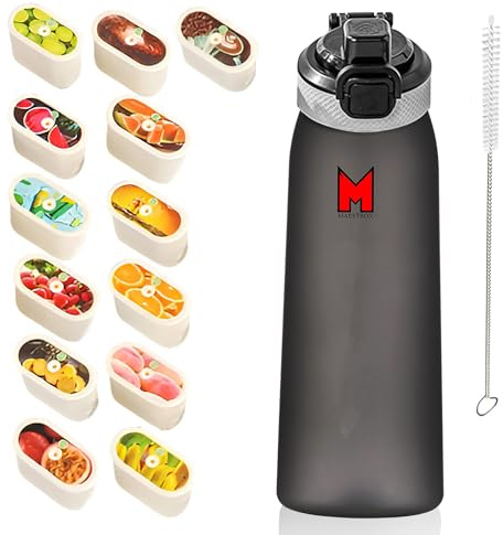 Maestrox Flavoured Water Bottle 700ML with 13 Flavour Pods, Straw, Cleaning Brush Reusable Fruit Flavour Bottle BPA Free & Leak Proof Design Portable Tritan Home, Gym, Travel, Office, School (Black)