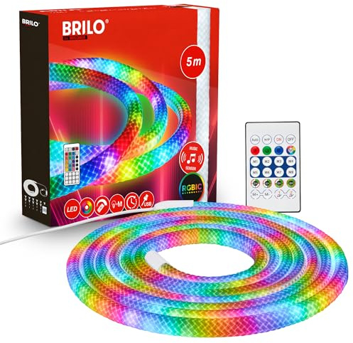 BRILONER - LED Streifen 5m mit Fernbedienung, RGB IC dynamischer Farbwechsel, USB, 360 Grad Licht, Musiksensor, Rope Light, LED Strip, Leiste, Neon Strip, Zimmer Deko, Band, Schlauch, Gaming Deko