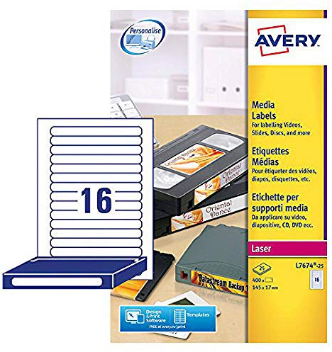 Avery L7674-25 Printable, Customisable Video Spine/Data Storage Labels, 16 Labels Per A4 Sheet, White