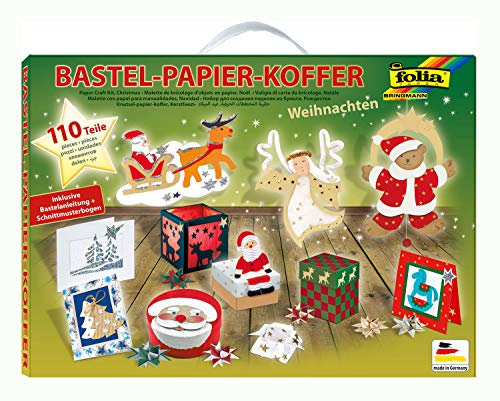 folia 922 - Bastelpapierkoffer Weihnachten, 110 Teile - Kreativset für Kinder und Erwachsene mit Bastelpapier und Dekoelementen