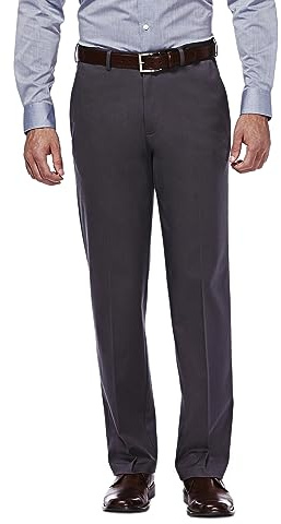 Haggar mens Premium No Iron Khaki Classic Fit Expandable Waist Flat Front dress pants, Dark Grey, 36W x 34L US