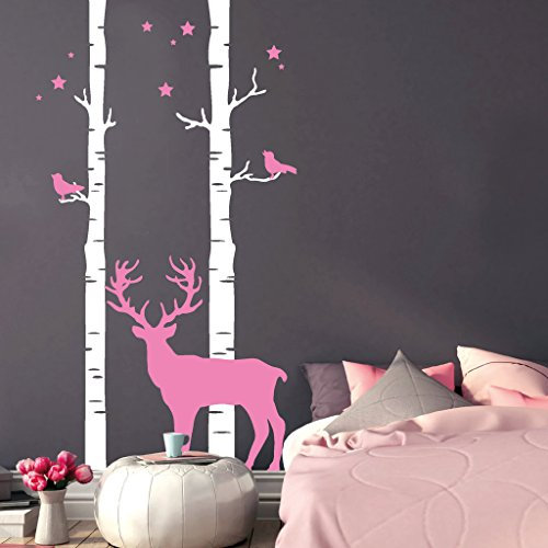 Wandtattoo Loft Birkenstämme mit Hirsch, Vögeln und Sternen (2farbig)“ / BITTE TEILEN SIE UNS IHRE WUNSCHFARBEN IM ANSCHLUSS AN DIE BESTELLUNG PER NACHRICHT MIT!!! / Wandaufkleber / 54 Farben / 3 Größen / / 240 cm hoch x 128 cm breit