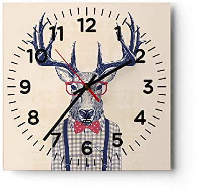 Modern Wanduhr Charakter Hirsch Illustration Hipster 30x30cm Quadrat Klein Wand Uhr Glas Analog Zimmeruhren Küche Büro Wohnzimmer Glasuhr Wall Clock Dekoration Design Küchenuhr C4AC30x30-3120