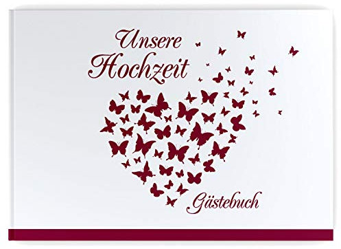 DeinWeddingshop Gästebuch Hochzeit - Hardcover, ohne Fragen, A4 quer, Butterfly Heart (weinrot)