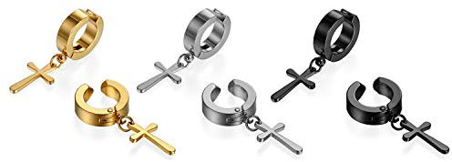 3 Paare Kreuz Ohrclips Creolen Set Unisex Fake Ohrringe Damen Herren Ohne Ohrloch Edelstahl für Jungen Mädchen, Schwarz Gold Silber