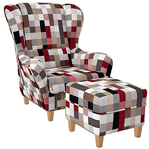 Supellex Ohrensessel »Sofia«, Design Patchwork, kariert, bunt gedeckt (Design-Nr.: 5107), wahlweise mit Hocker