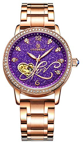 RORIOS Montre Mécanique Automatique Femme Lumineuses Montre Brillant Ciel étoilé Dial Acier Inoxydable Cadran en Diamant Simulé Bracelet Dames Montres