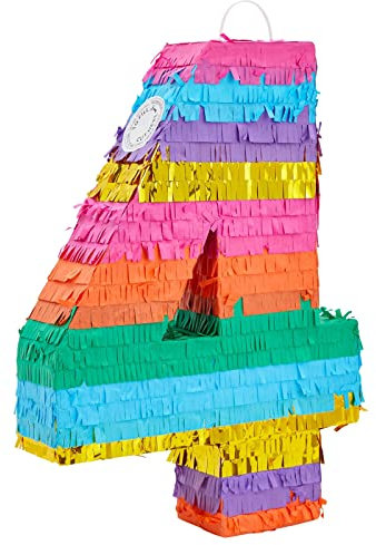 Kleine Regenbogen-Piñata Zahl 4 für Kindergeburtstag, Kinderparty, 30 x 42 x 7,6 cm