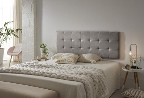 ECCOX - Capitone Bett-Kopfteil mit Karierung, schmutzabweisend, Aquaclean-Stoff, gepolsterter Kopf mit Schaumstoffpolsterung und Rückenverstärkung, Grau, 112 cm für 105 cm Betten