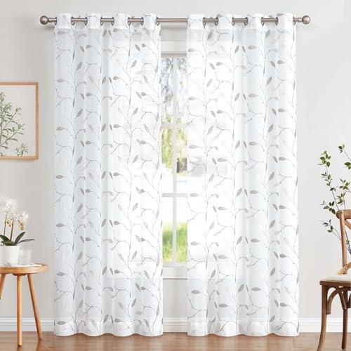 TOPICK Sheer Vorhang Voile Gardinen mit Ösen Blätter Stickerei Transparent Ösenschal Gaze Paarig Ösenschals Blatt für Wohnzimmer Schlafzimmer Stores 2er Set Grau auf Weiß H245 x B140(cm)