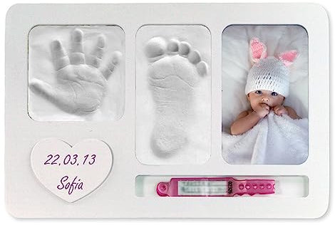 iPiccoli. Cornice Impronte Neonato. Regalo Nascita e Battesimo per Genitori, Nonni e Zii. Completo con Argilla e Porta Braccialetto. 30x20cm (Heart)