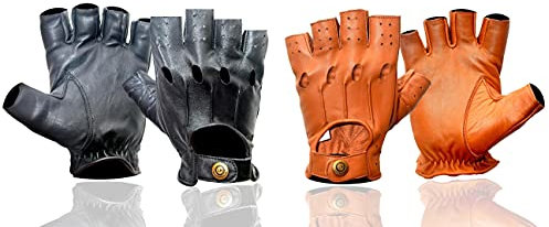 Halbfinger-Handschuhe aus Leder, ohne Futter, atmungsaktiver Handschuh für Männer, Vintage-Stil, Retro, aus weichem Leder, mit Druckknopfverschluss, Halffinger, für Auto, Fahrrad, Motorrad,