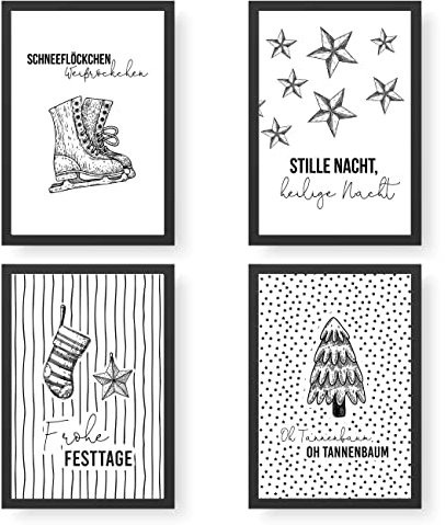 Papierdrachen Kunstdrucke Weihnachten 4 Premium Poster DIN A4 | Bilder als Weihnachtsdekoration - Schwarz-Weiss - hochwertig | ungerahmt | Wandbild - Set 1