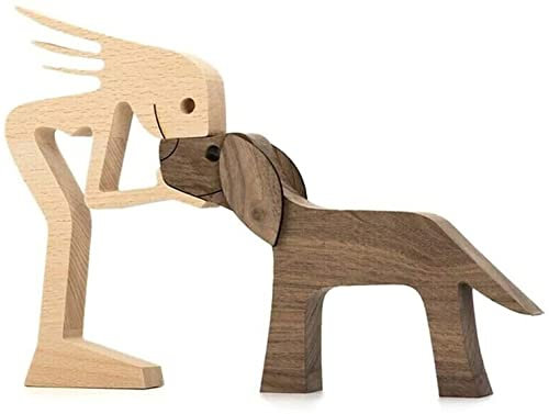 Qklovni Holzskulpturen, handgefertigte Akzente, Bastelfigur für Heimdekoration, Akzente, Familie und Welpen, Holzhandwerk, Skulptur für Zuhause, Büro, Wohnzimmer (Frauen und Hund)