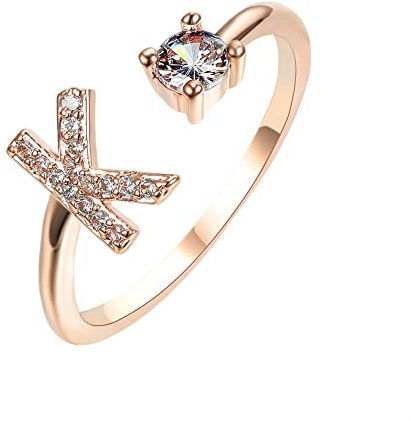 HIJONES Damen Anfangsbuchstabe Open Ring mit Zirkonia Stapelbaren Alphabet Verstellbaren Ringen Roségold Brief K