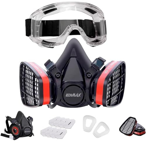 EDIMAX, Gasmaske, Atemschutzmaske, mit Brille + 8 Ersatzfiltern, Atemschutz, Wiederverwendbar, Staubmaske, Lackiermaske, Begasung, Schutz und Sicherheit