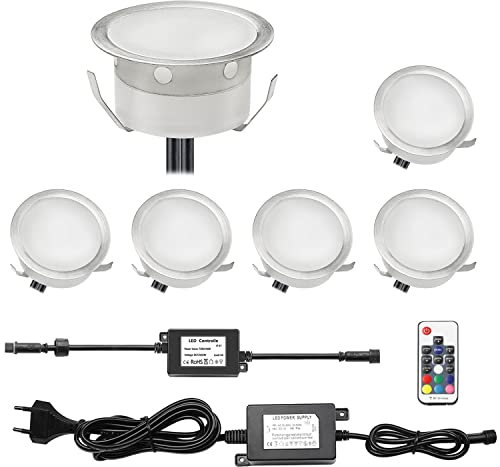 CHNXU Terrassen Einbaustrahler, 6er Set RGB LED Bodeneinbaustrahler Ø40mm IP67 Wasserdicht Farbwechsel Treppen Beleuchtung Aussen Einbauleuchten Deckenstrahler Bodenleuchten für Küche, Garten, Balkon