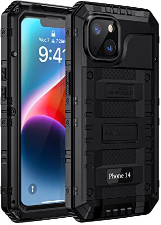 seacosmo iPhone 14 Hülle Wasserdicht, Militärstandard Schutzhülle mit Eingebautem Displayschutz Stoßfest Metall Handyhülle für iPhone 14, Schwarz