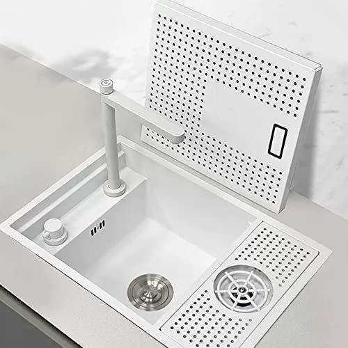 Fregadero Invisible Blanco De Acero Inoxidable con Lavavasos y Tapa - Barra De Cocina Oculta con Grifo Elevable (S : 55x32x22cm)