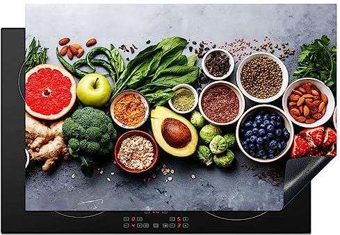 KitchenYeah© Protection Pour Plaque Induction 78x52 cm Décoration Cuisine Protégé Cache De Cuisson Vitroceramique Fruits - Béton - Légumes