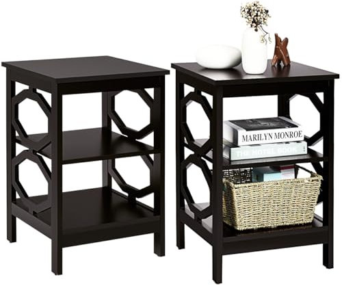 GIANTEX 2er Set Nachttisch, Beistelltisch Nachtschrank Holz 3 Ebenen, kleine Nachtkommode Nachtkonsole, Sofatisch Couchtisch Flurtisch Telefontisch für Wohnzimmer Schlafzimmer 40x40x61cm Braun