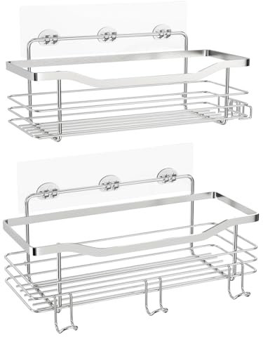 ZGTMSZ Mensola Doccia Senza Foratura,Portasapone Doccia,Cestino Doccia Rettangolo, Adesiva Acciaio Inox Portaoggetti Doccia,Porta Shampoo Doccia (2 Pezzi,Argento)