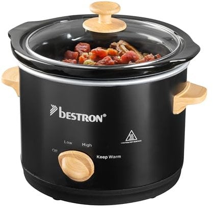 Bestron Slowcooker per 2 persone, con padella in ceramica e coperchio in vetro, termostato a 3 livelli, ideale per molti piatti come carne, zuppe e verdure, 1,5 litri, nero e legno, colore: nero/legno