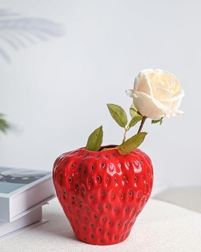 DN DECONATION Rote Erdbeervase, Erdbeer-Keramik-Blumenvase für buntes Mädchen, Heimdekoration, dekorative süße Vase für Erdbeer-Party-Dekorationen