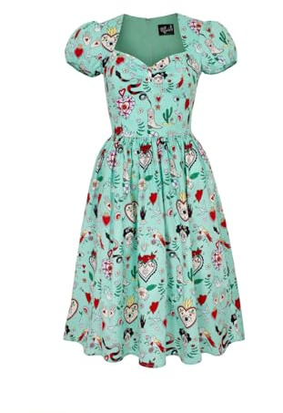 Hell Bunny Tijuana Kleid Rockabilly Gotisch Midi Blumen Schlange Herzvogel, Mehrfarbig, M