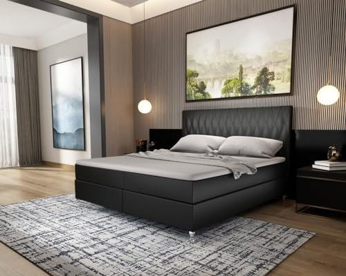 Sofa Dreams Leder Boxspringbett Lederbett Vanaveral Komplettbett mit Matratze und Topper - Bett in Premium Kunstleder (Schwarz, 140x200 cm)