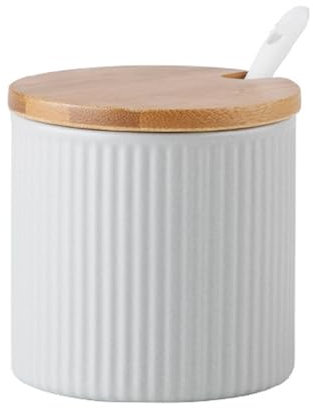 Jarsense Ceramic Sugar Bowl, 300ml Pot with Wooden Lid and Spoon, Spice Jar in Stripe Shape for Salt, Coffee, Tea, Seasoning Box for Home Kitchen Coffee Bar - Grey