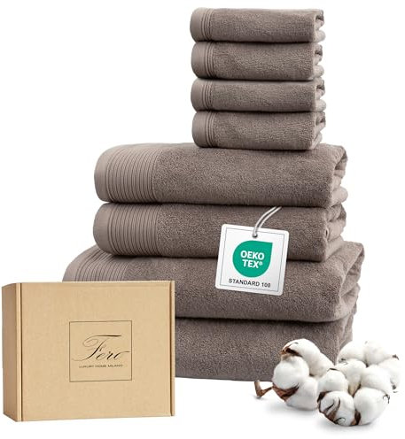 Ferò Luxus Handtücher Set Baumwolle, 8 Teile, Low Twist Baumwolle, 550 g/m²,Oeko-TEX,Italienisches Design,2 handtücher 70x140cm,2 Handtuch 50x100cm,4 Gästehandtuch 30x30cm,Taubengrau